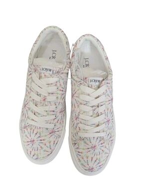 J. Crew Womens 8.5 White Canvas Sneakers with Multicolor Tie-Dye Starburst